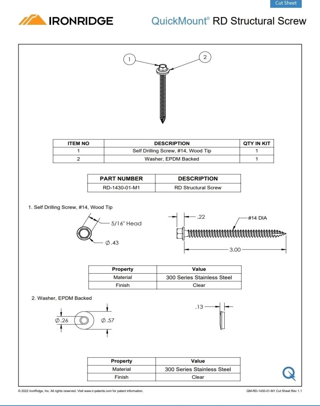 IronRidge RD-1430-01-M1 QuickMount RD Structural Screw (Pack Of 120)