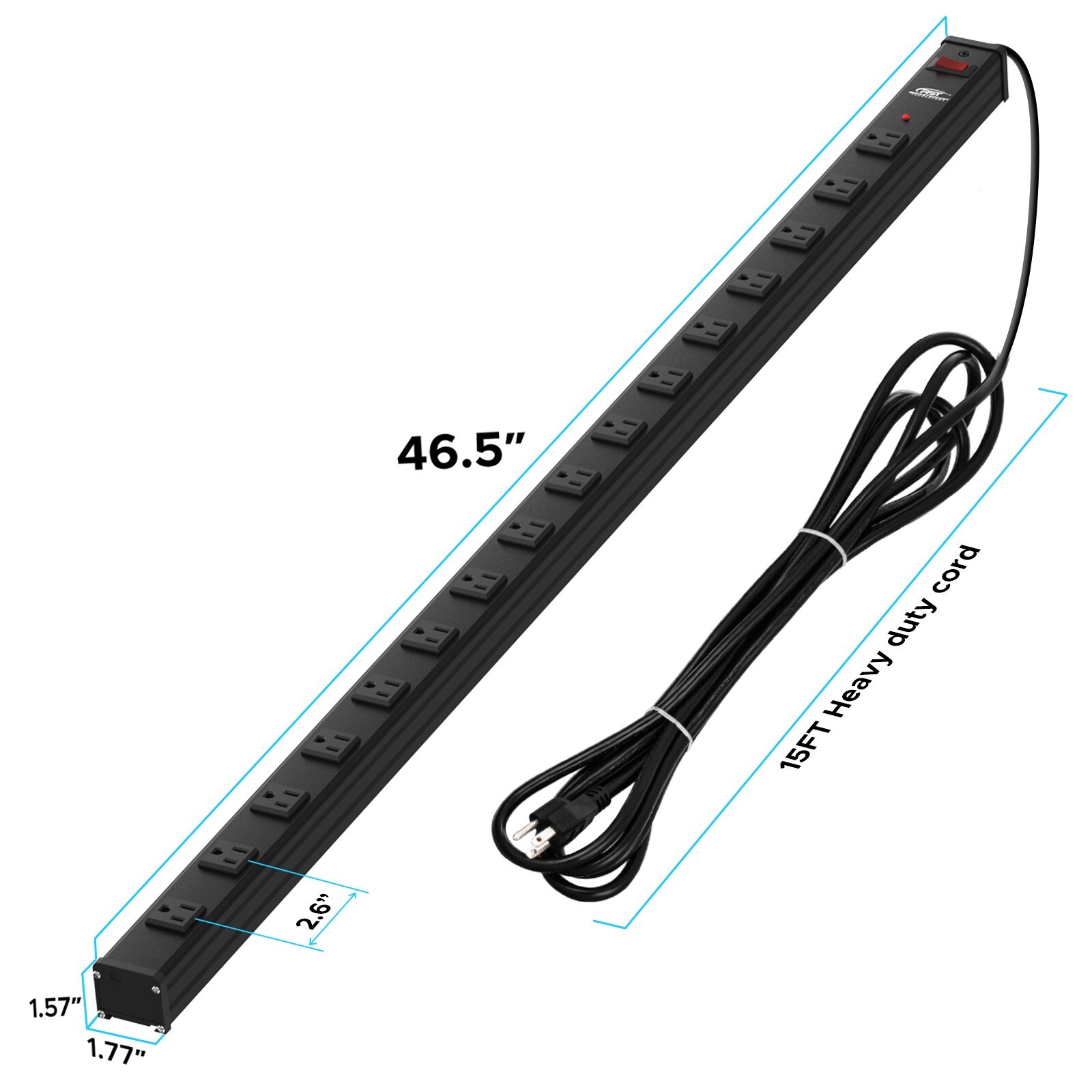 Power Strip 16 Outlets Multi Metal Housing Heavy Duty 15 Feet Cord Black CRST