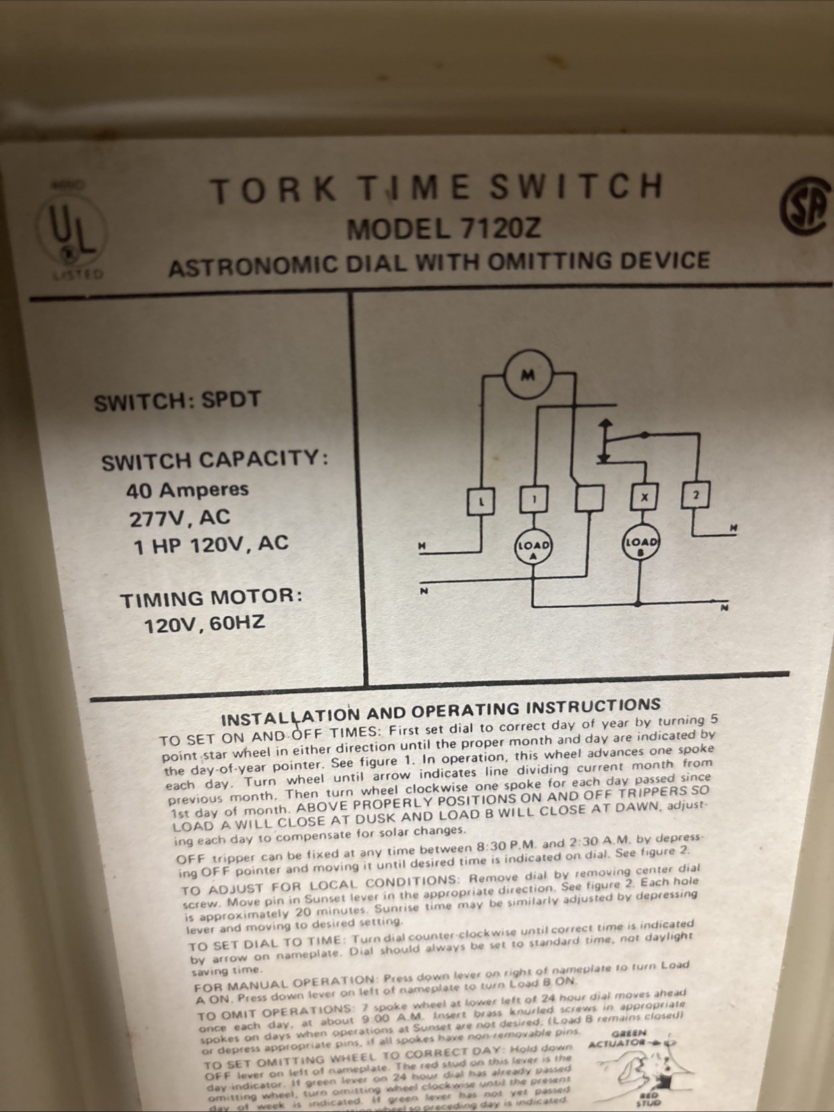 York Time Switch 7120Z Single Pole Double Throw Astronomic Day Omitting