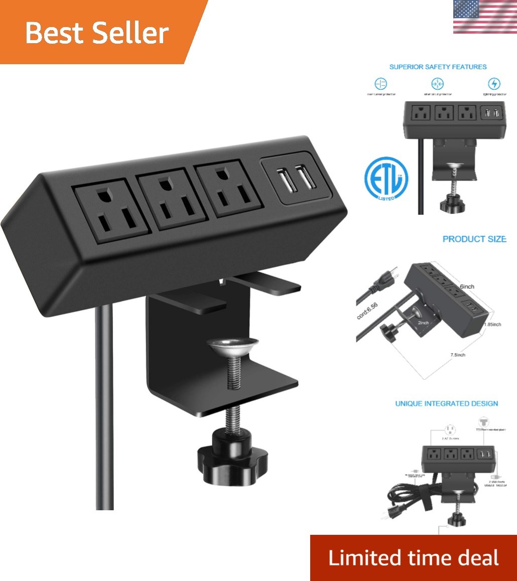 Versatile Desk Power Strip with 3 AC & 2 USB Ports – Clamp Mount for Easy Setup