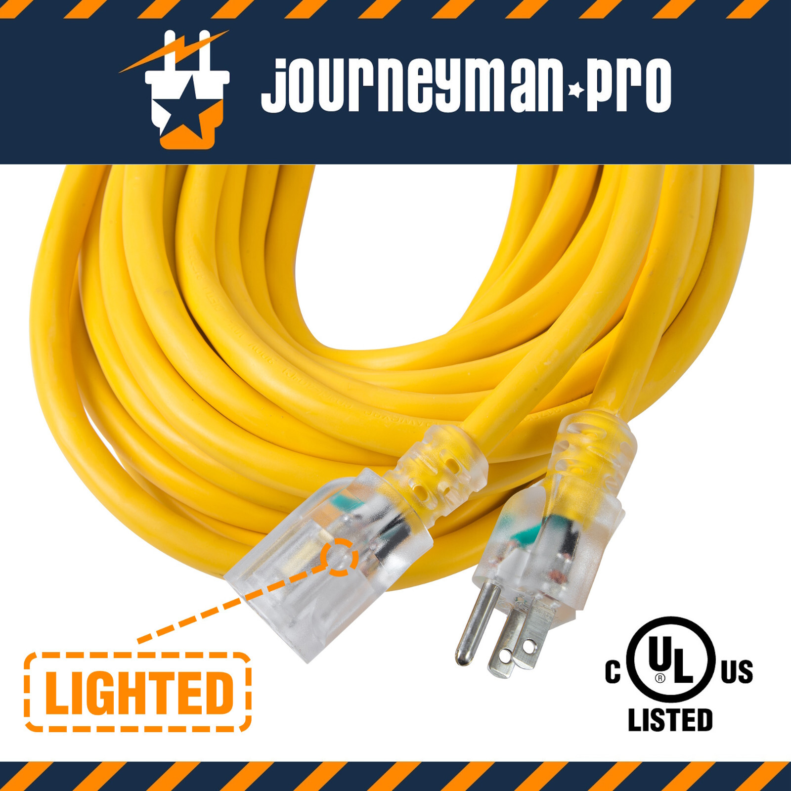 25’FT YELLOW Contractor Grade Outdoor Extension Cord 25′ Feet Power Light Up End