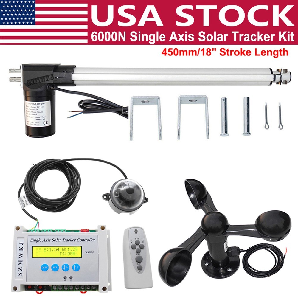 6000N Single Axis Solar Tracker Controller W/ 18″ Linear Actuator Anemometer Kit