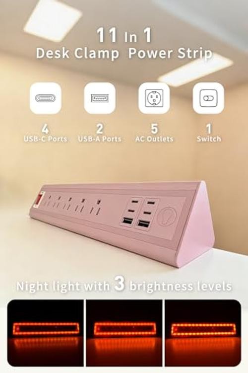 Desk Clamp Power Strip with Nightlight, 40W Fast 5 Outlets & 6 Usb Ports Pink