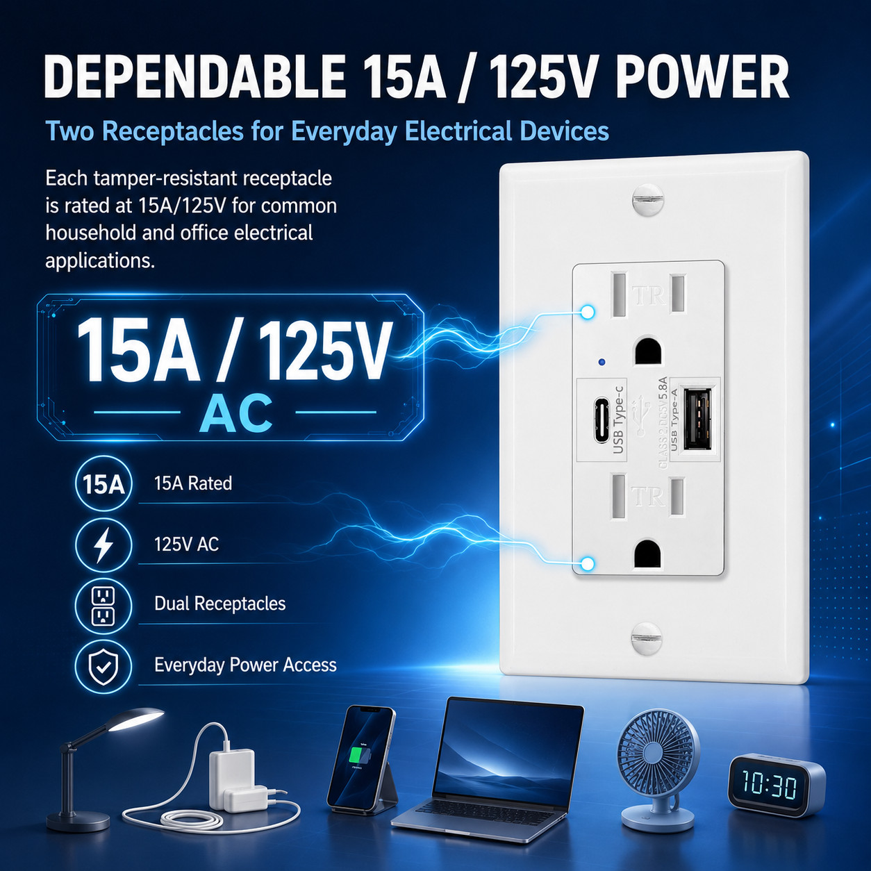 15A USB Wall Outlet with Type-C and Type-A, 5V 5.8A Shared Output, White TR 3PK