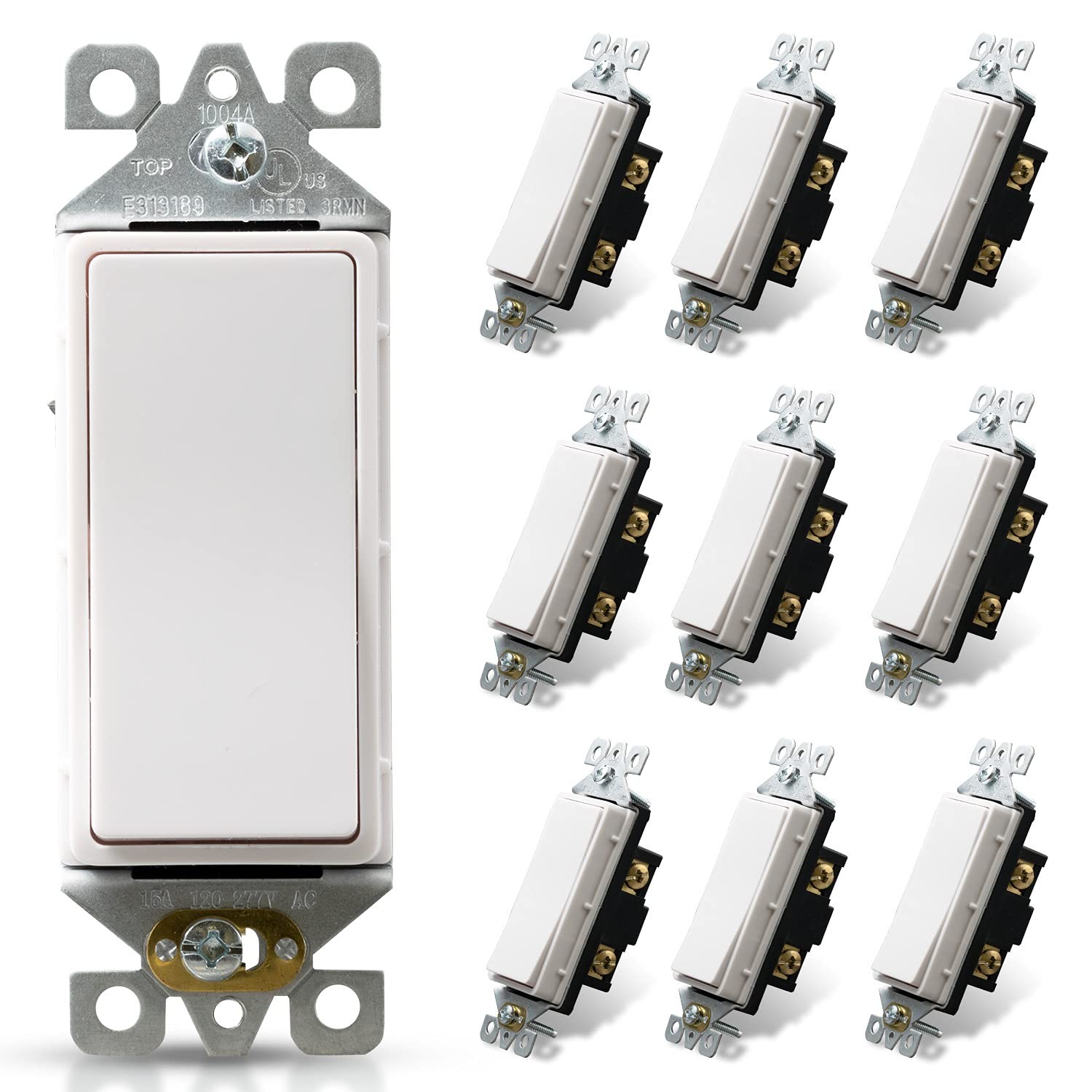 10 Pack Glossy White Single Pole Decorator Light Switch 15Amp 120277V Rocker