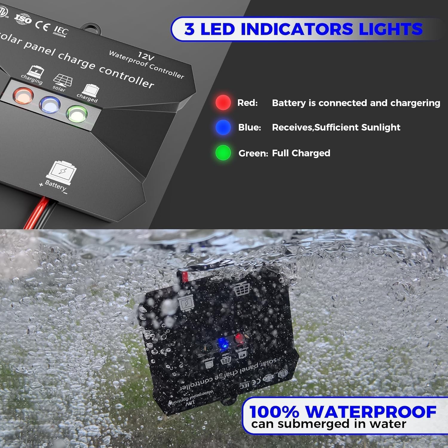 Voltset Solar Charge Controller, 10A 12V Waterproof Solar Intelligent Regulator