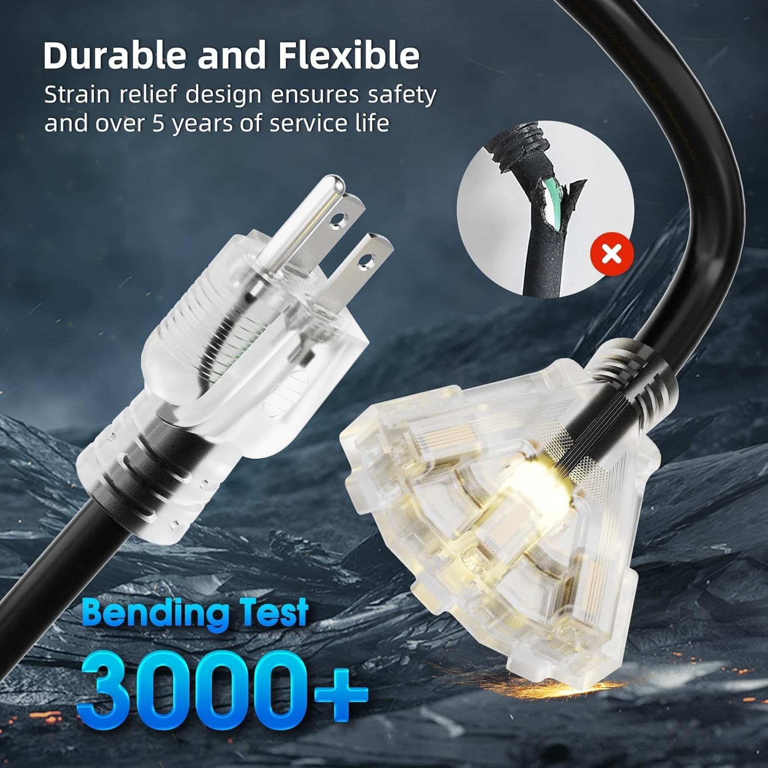 50Ft Outdoor Extension Cord w 3 Outlets, 12GA, 15A, 125V, 1875W for Home, Garden