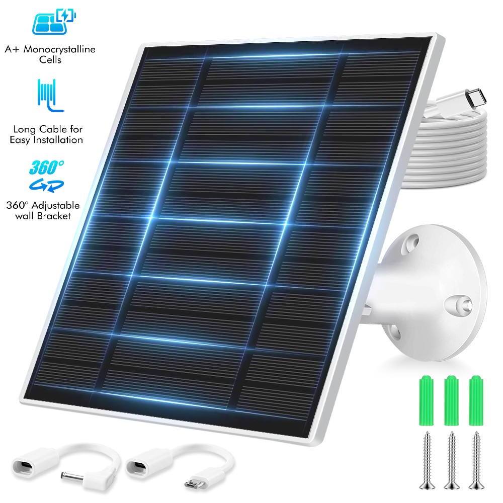 Solar Panel for Security Camera, 10W Solar Charger with Micro USB & Type-C Port