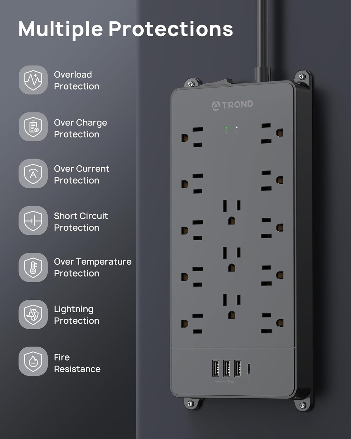 Surge Protector Power Strip, 4000 Joules, ETL Listed, 13 Widely-Spaced Outlets E