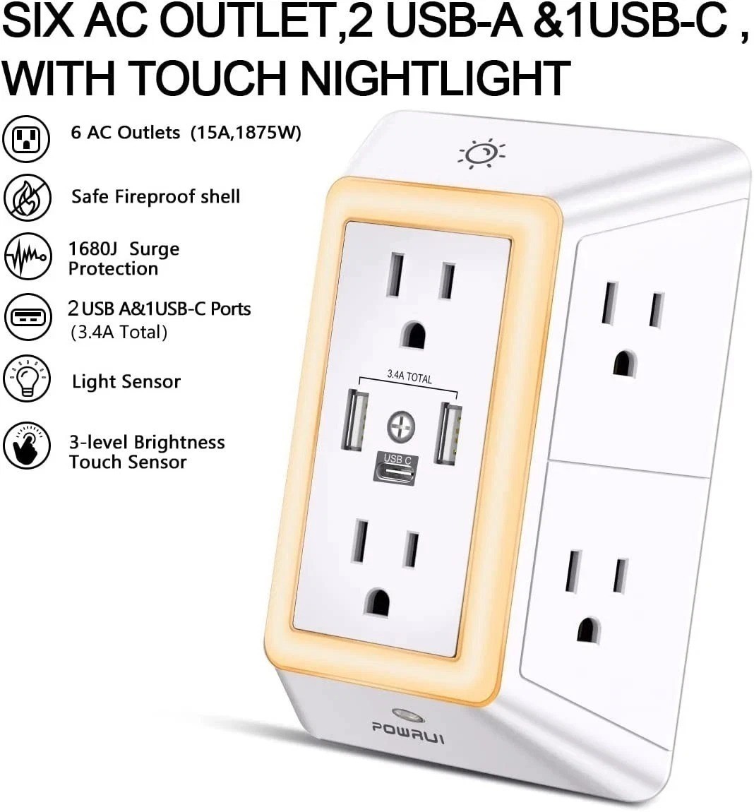Multi Plug Outlet Surge Protector – POWRUI 6 Outlet Extender with 3 USB Ports…