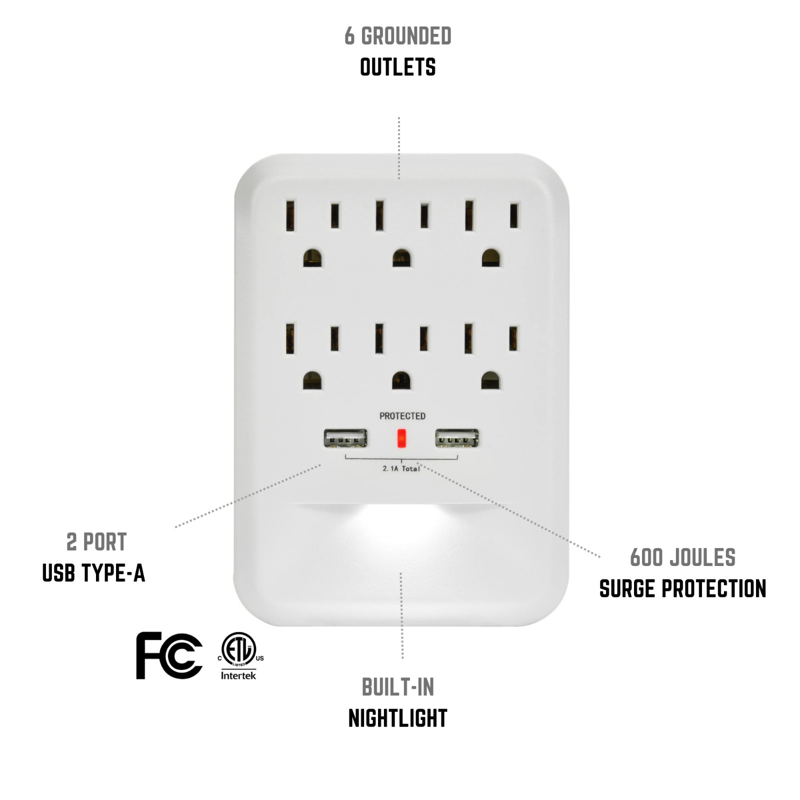 CP (2-Pack) 6-Outlet 600 Joule Wall-Tap w/ 2 USB-A & Nightlight, CP30005