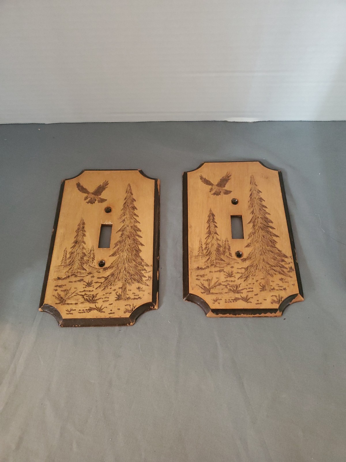 2 Vintage 1977 MCM Wood Eagle Pine Trees Forest Single-Light Switch Plate LN