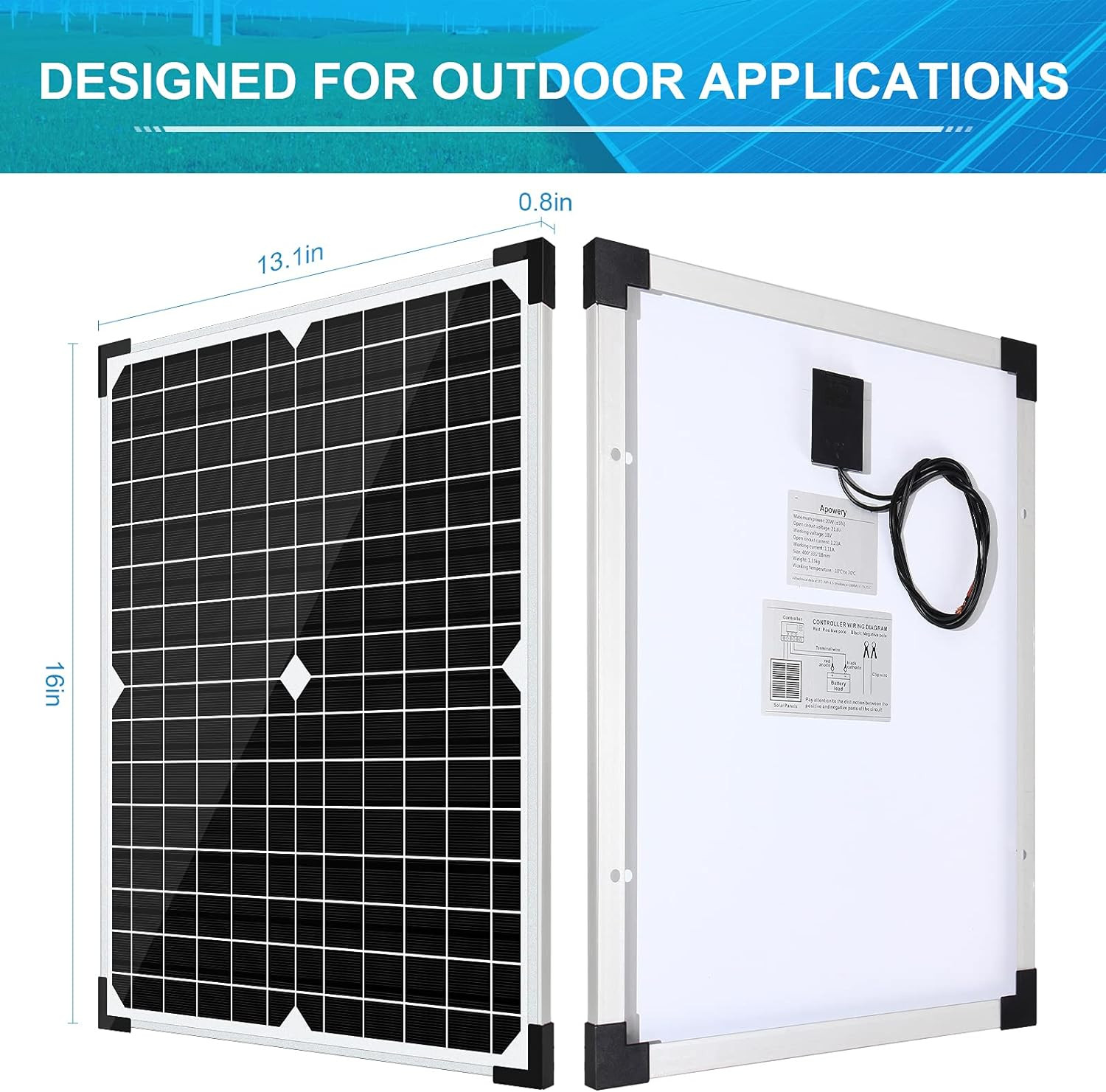 20W 12 Volt Battery Charger Solar Powered Panel for Car Dump Trailer Boat Marine