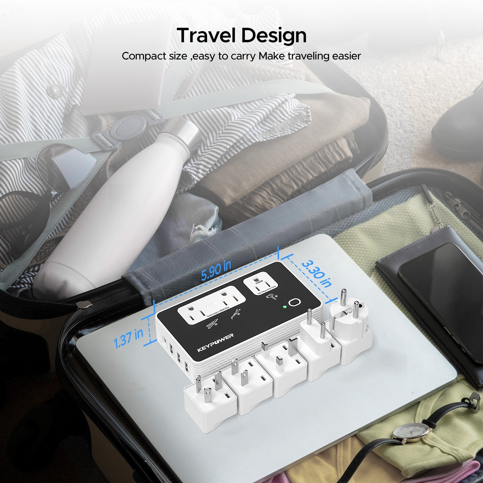 Universal 2000W Step Down 220V to 110V travel voltage converter with USB C Ports