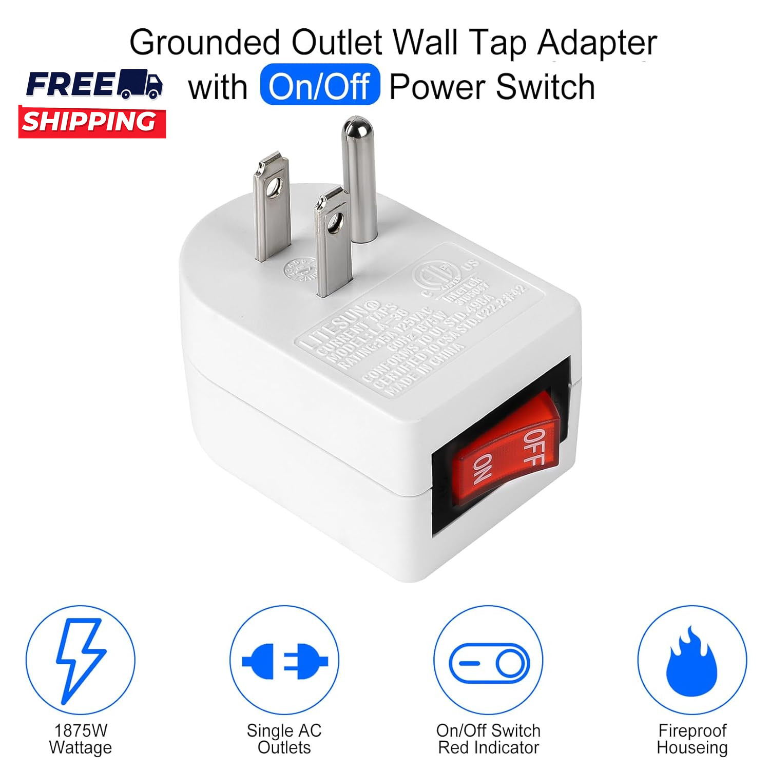 Grounded Outlet with on off Switch Single Power Adapter Outlet Switch