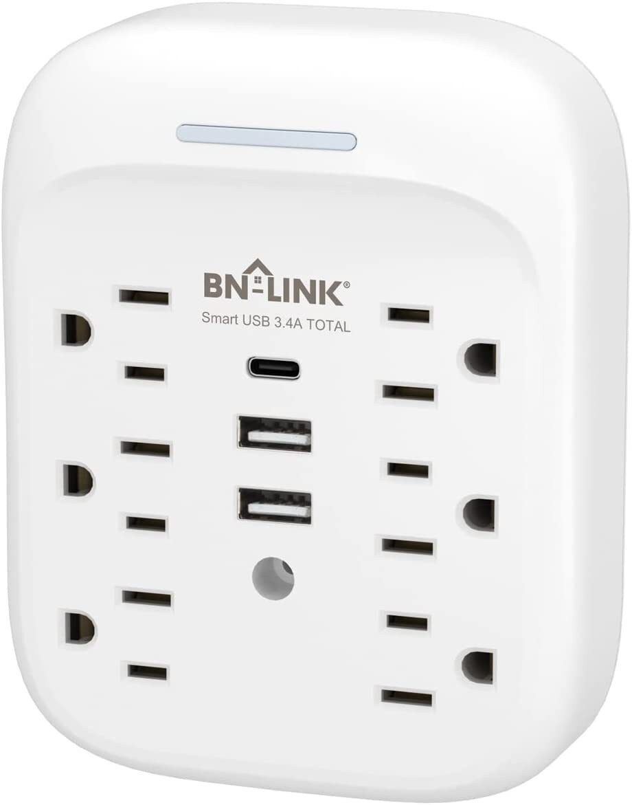 BN-LINK 6 Outlet Extender Multi Plug Outlet with 3 USB Charger Wall Adapter Tap