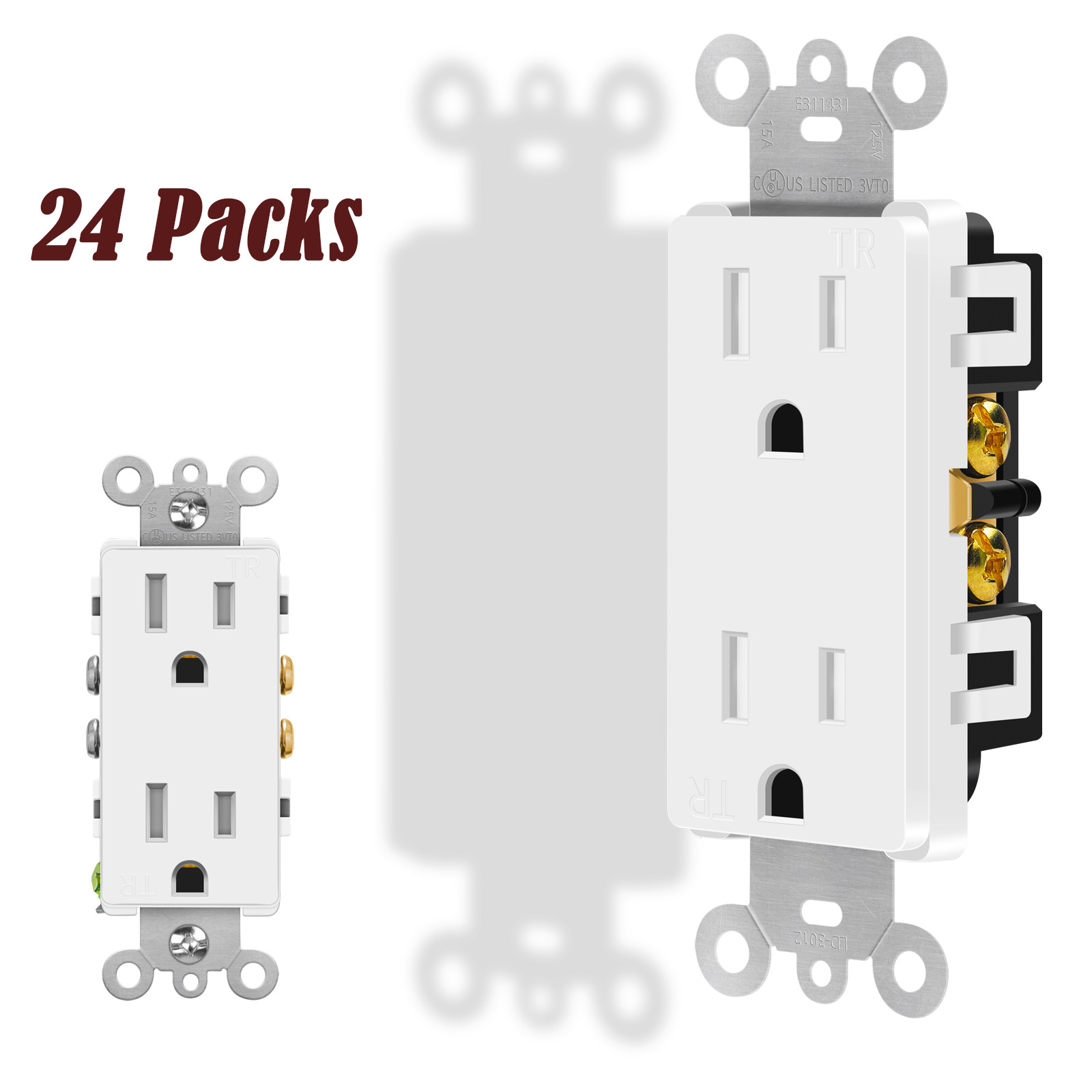 24PK Wall Recetpacle Outlet 15Amp 3 Wire Self-Grounding TR No-Plates