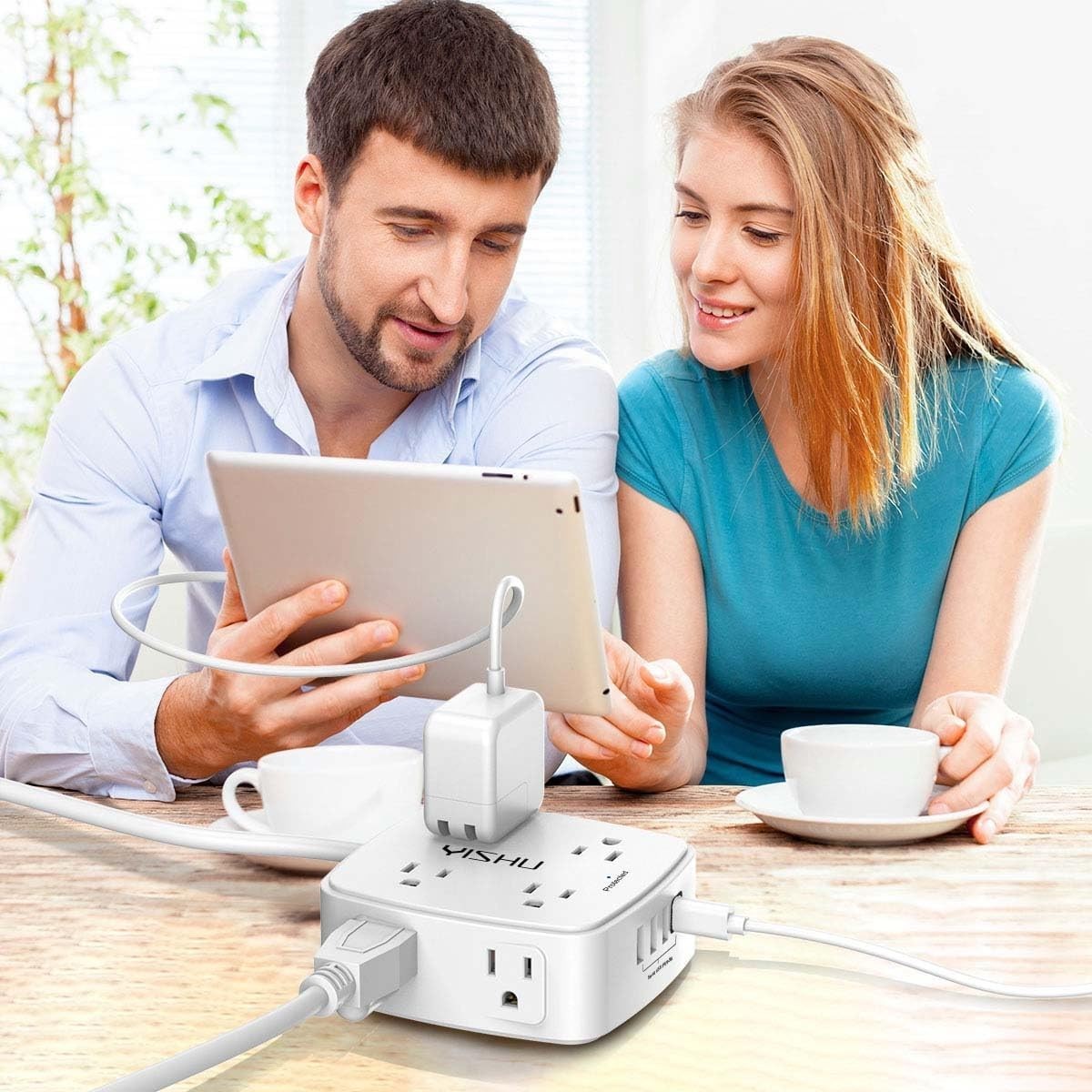 6 Ft Surge Protector Power Strip – 8 Widely Outlets with 4 USB Ports, 3 Side Out