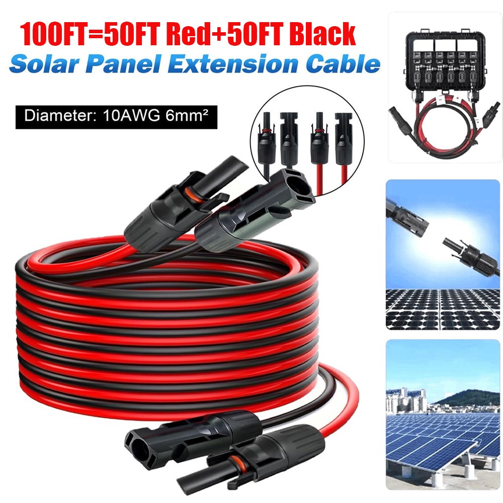 100FT 10 AWG Solar Panel Extension Cable PV Wire Solar Connectors Pair 6mm²