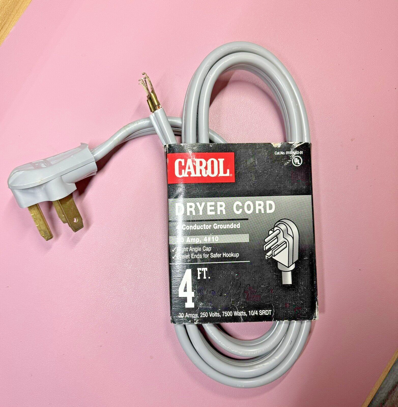 Dryer Power Cord 10 AWG 4-Conductor 4 Ft. Black Jacket 250V-30A 7500W Type SRDT