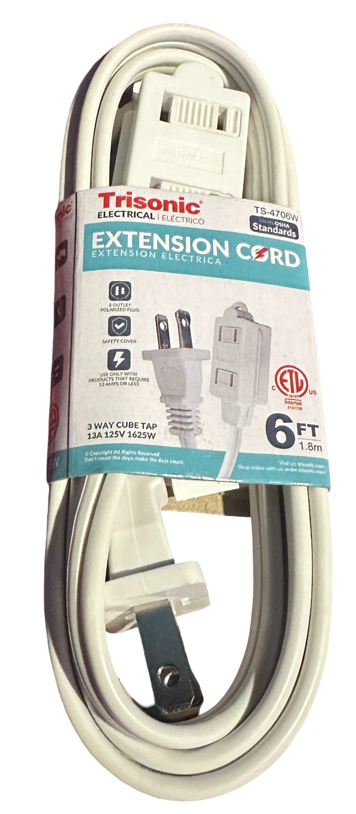 Extension Cord 6,12,20 or 25 FOOT 13 Amp 3 Way Cube Tap White