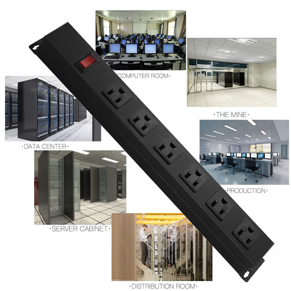 Metal Wall Mount Power Strip 6 Outlet Aluminum Alloy 6FT Cord 15A 125V Black