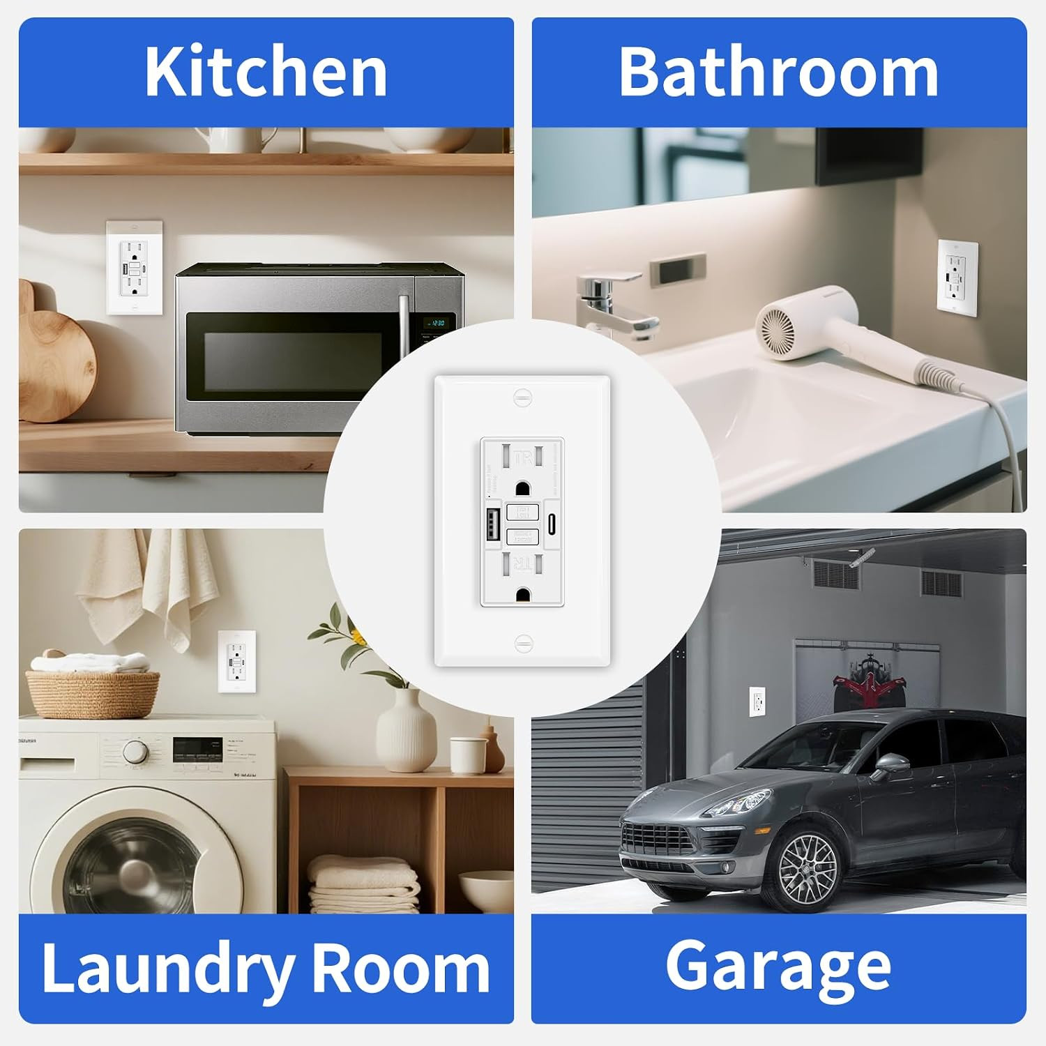 15A GFCI Outlet with USB C&A, Self-Test TR ETL Listed White 2 Pack | Tamper-Resi
