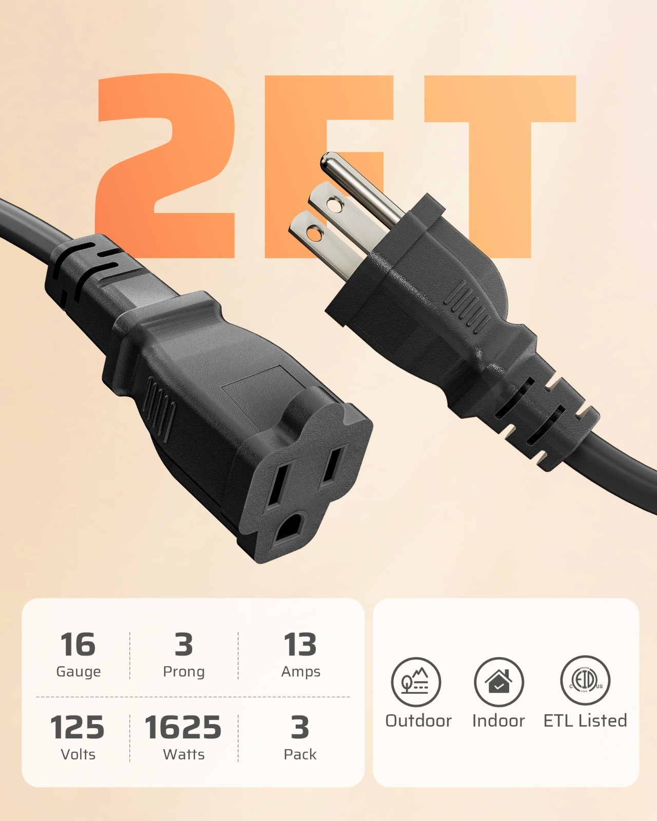 DEWENWILS 3-Pack 2FT Heavy Duty Extension Cord, 16 AWG SJTW Weatherproof
