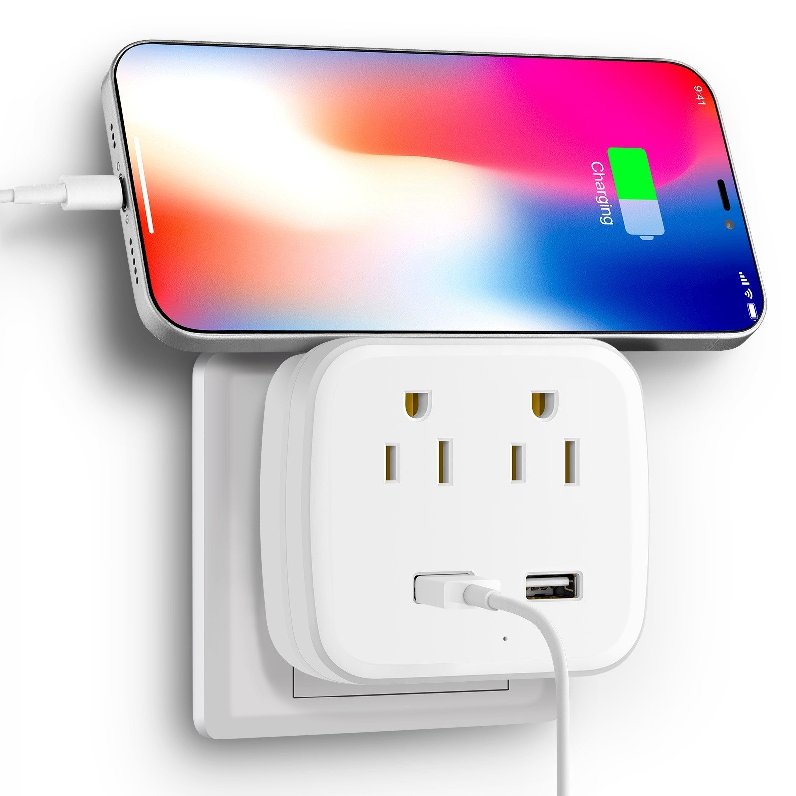 1 Pack Wall Outlet Surge Protector with 2 AC Outlets, 2 USB Ports US Plug