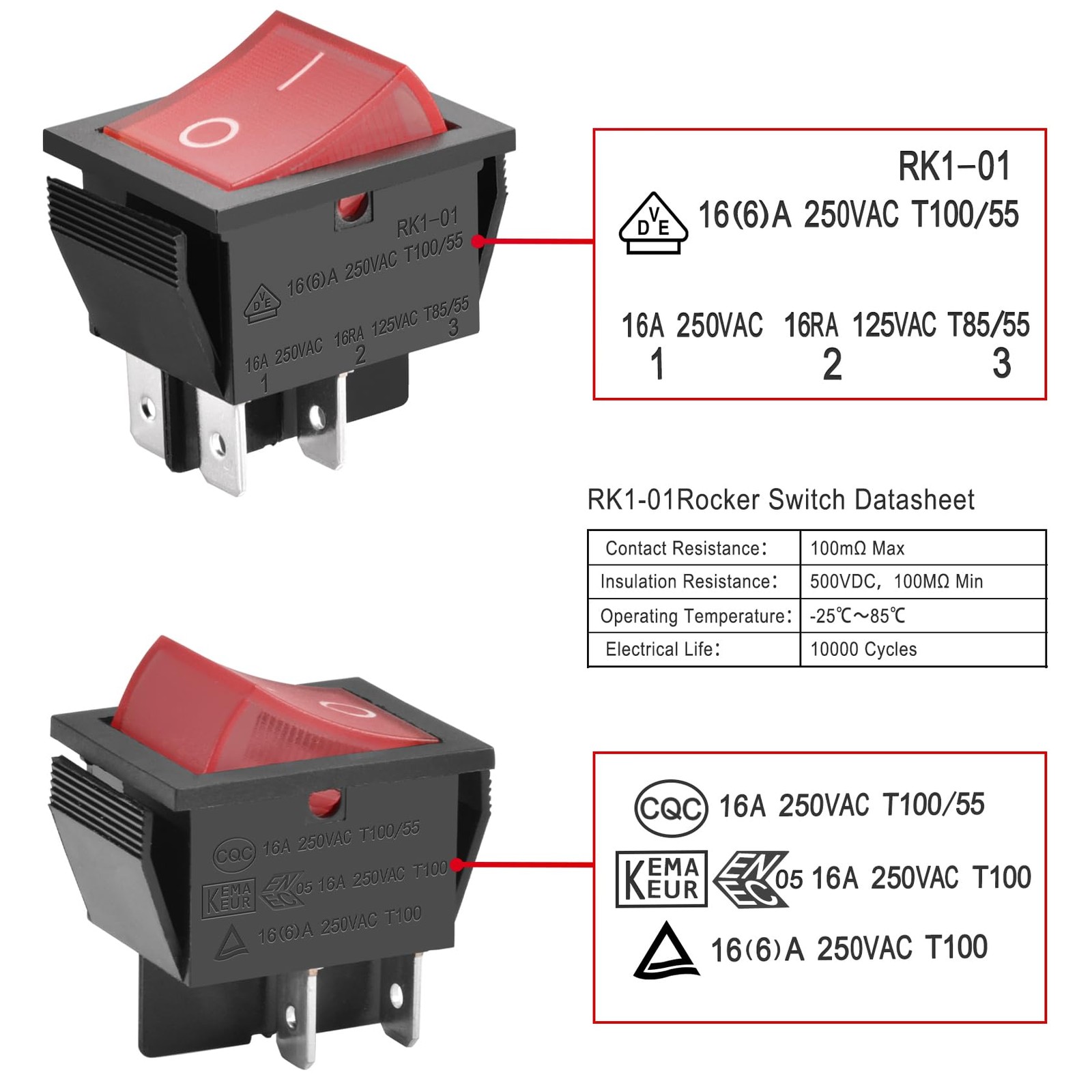 Rocker Switch ON-Off DPST 4 Terminals Red Light 16A 250VAC with Waterproof Cover