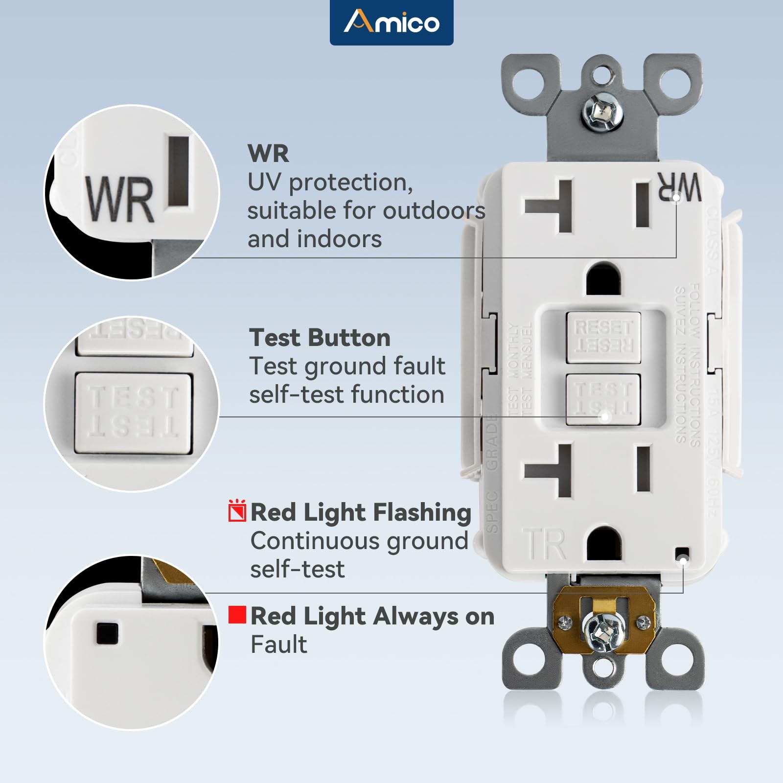 Amico GFCI Outlet 20 Amp with Thinner Design 12 Pack, Weather Resistant WR, S…