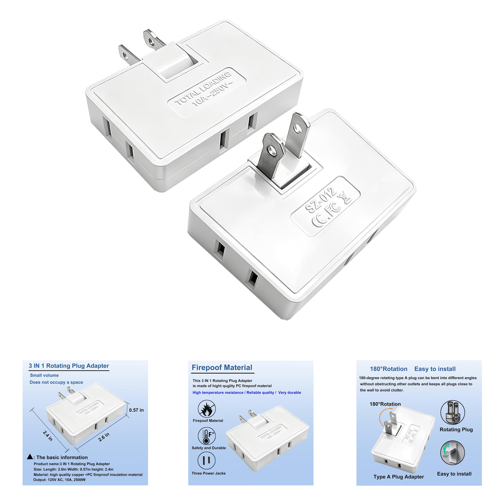3 Way Flat Wall Outlet Extender 2 Prong Swivel Wall Tap Socket White Pack of 2