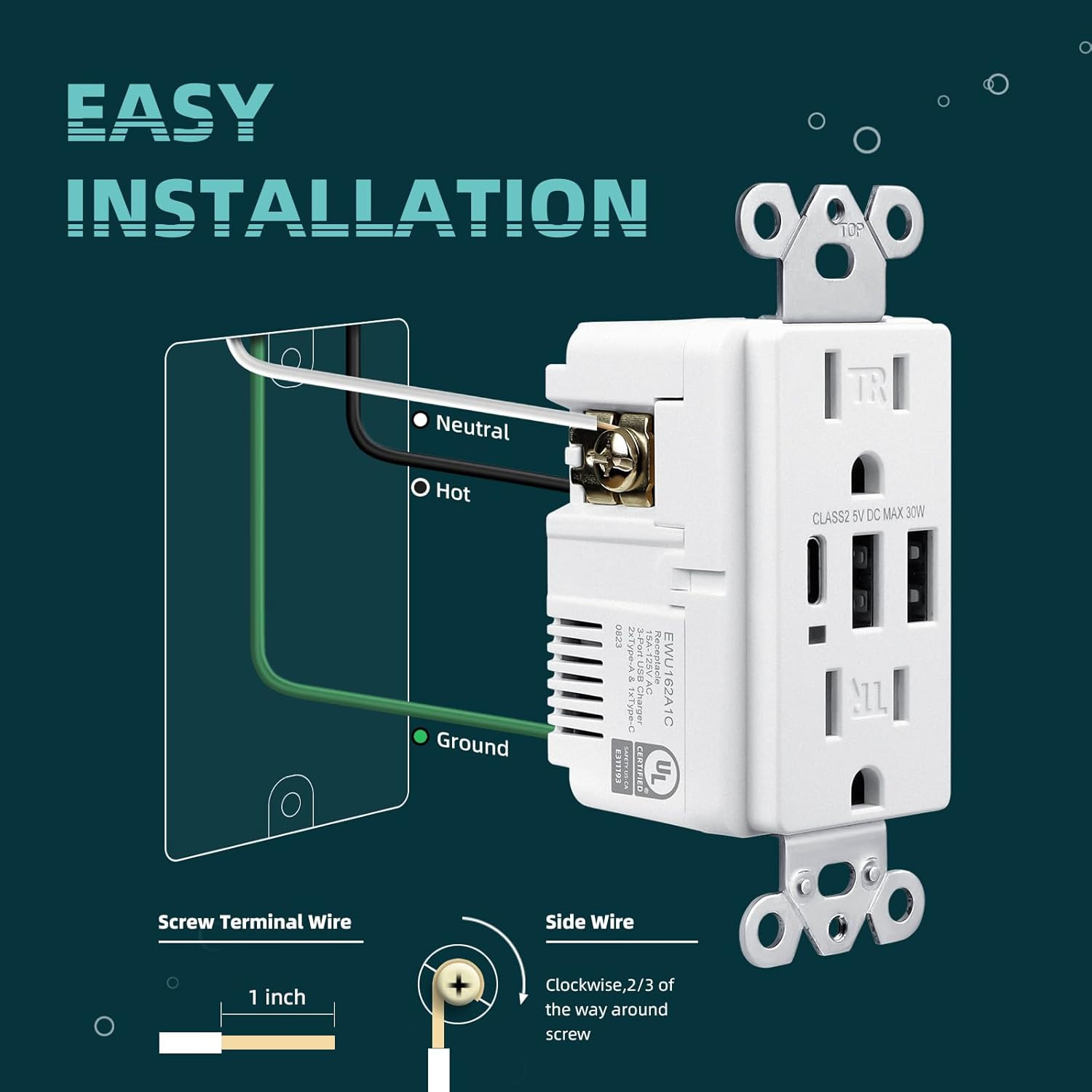 TOPELER USB C Wall Outlet, 15A Tamper Resistant Receptacle with 3 USB Port, 6.0A
