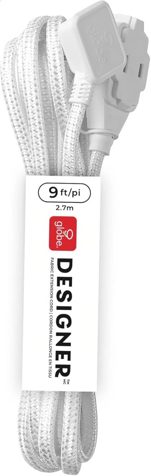 Fabric Extension Cord 9ft Stylish 3 Outlets Right-Angle Plug 13A White Silver