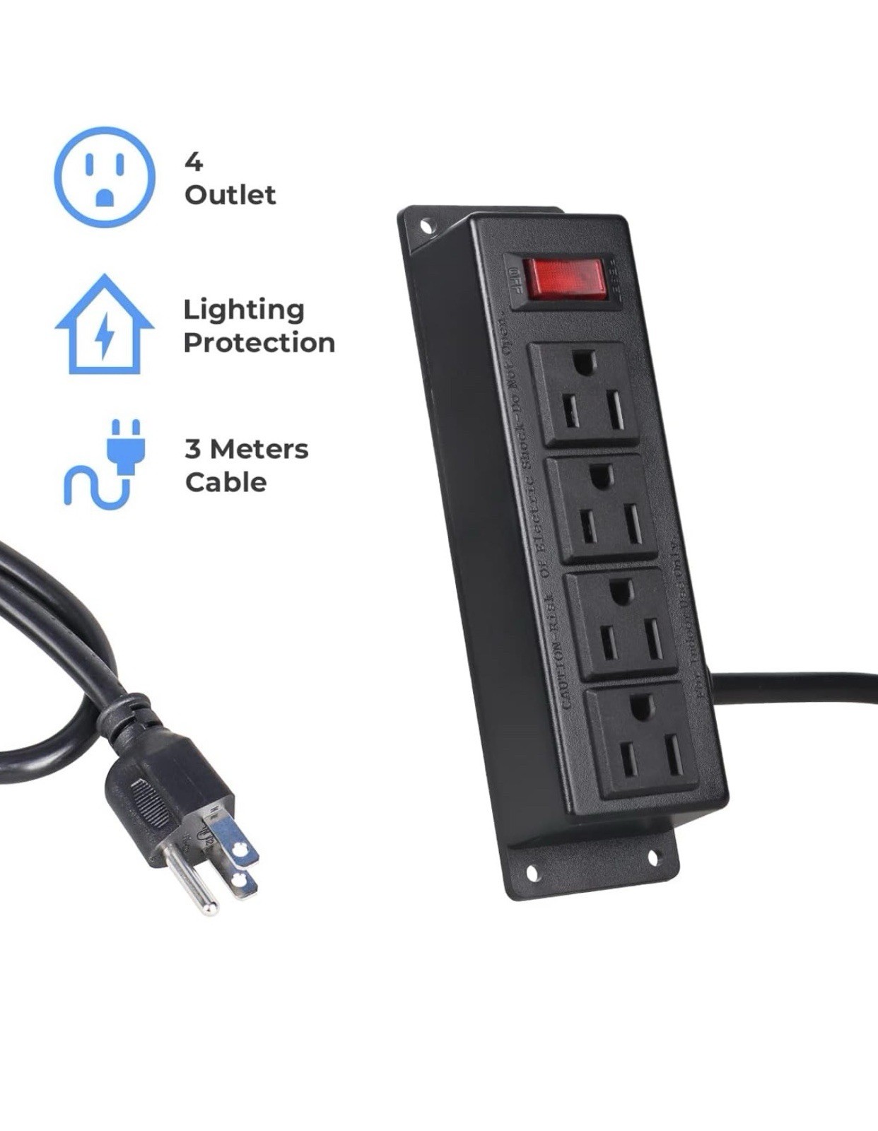 BAYYU Wall-Mount Power Strip 4 Outlets Switch 3m Cable Black 125V