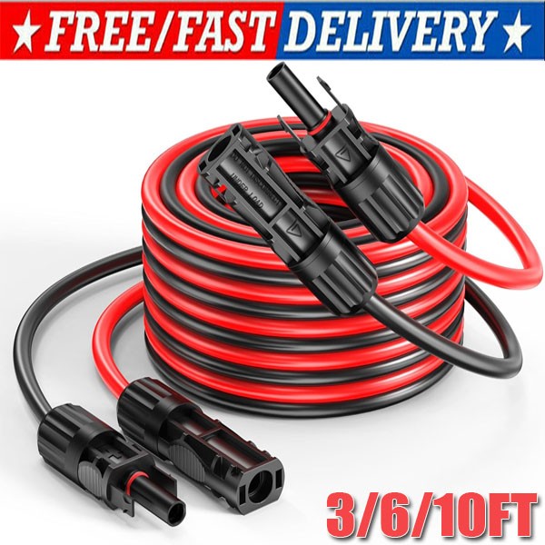 Black+Red 10 AWG Solar Panel Extension Cable Silicone Flexible Wire Connectors