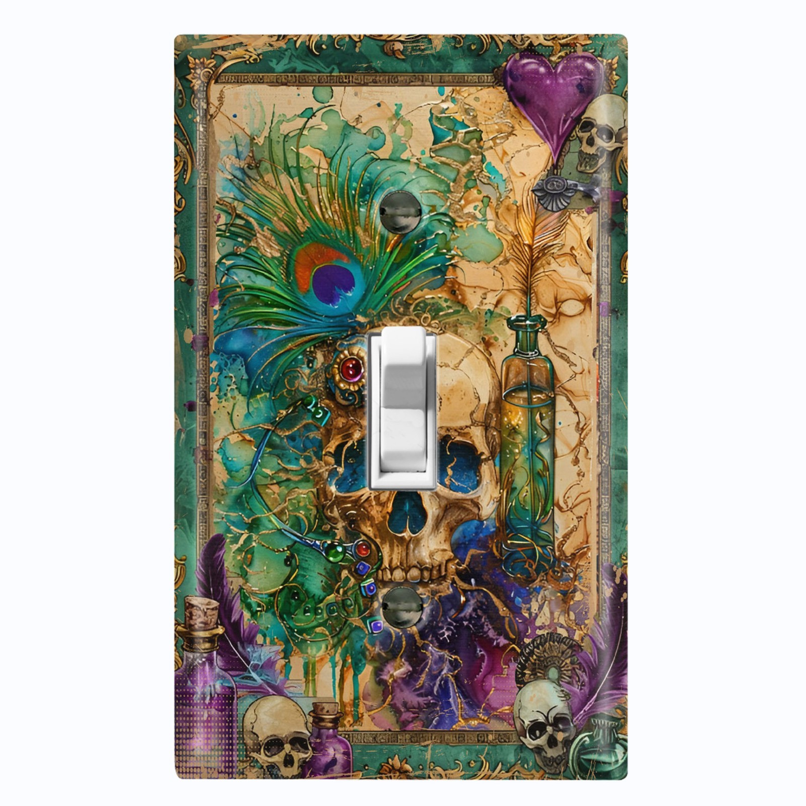 Metal Light Switch Outlet Cover Wall Plate Gothic Skull Peacock Feathers SAN152