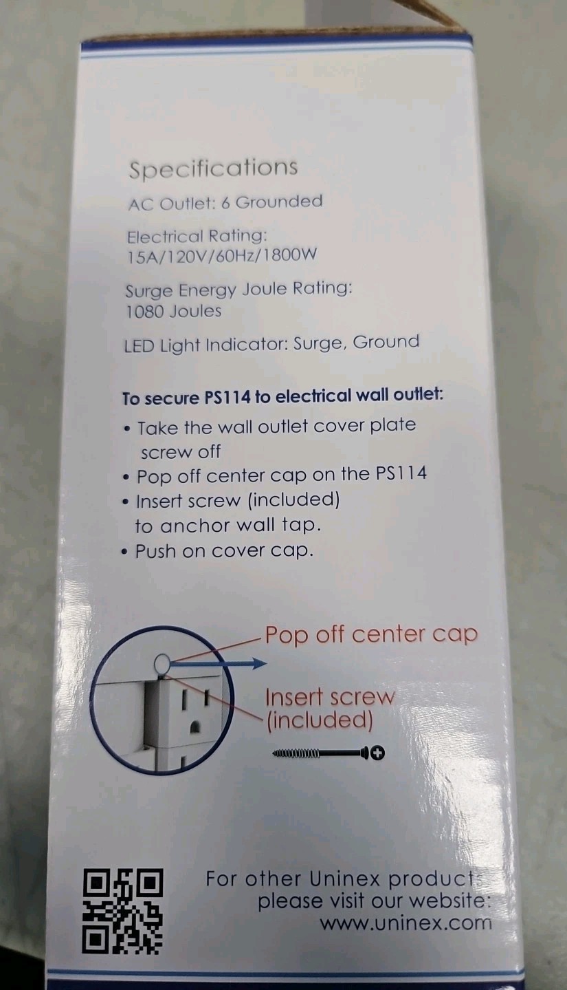 Uninex PS114 6 Rotating Outlet Wall Tap Surge Protector 1080J UL Listed NEW