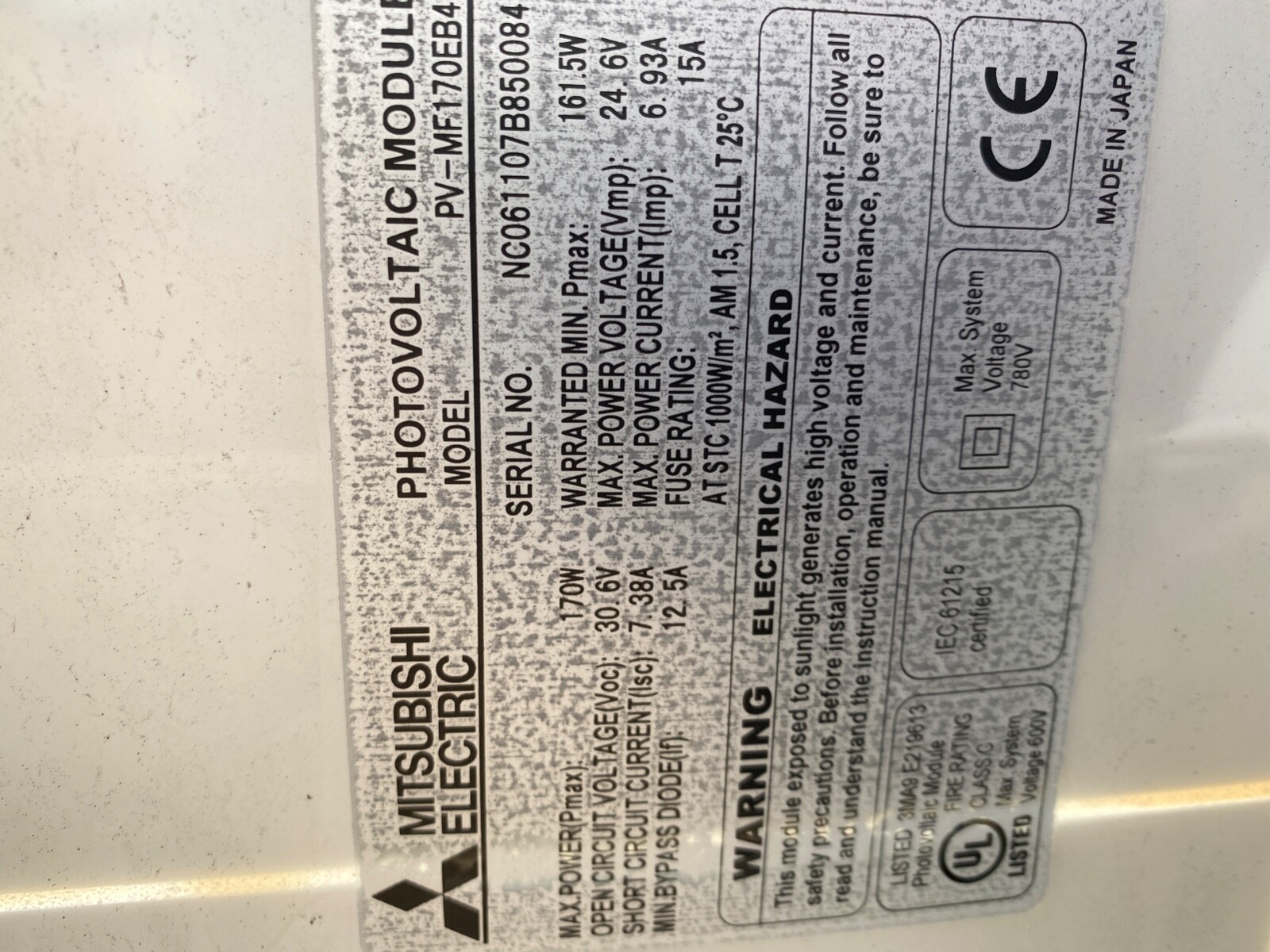 12 cents/watt Mitsubishi 170W Solar Panel Model PV-MFt170EB4