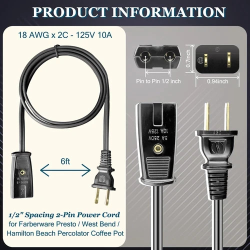 6Ft Replacement Power Cord 2-Pin 1/2 Inch Spacing for Small Appliances
