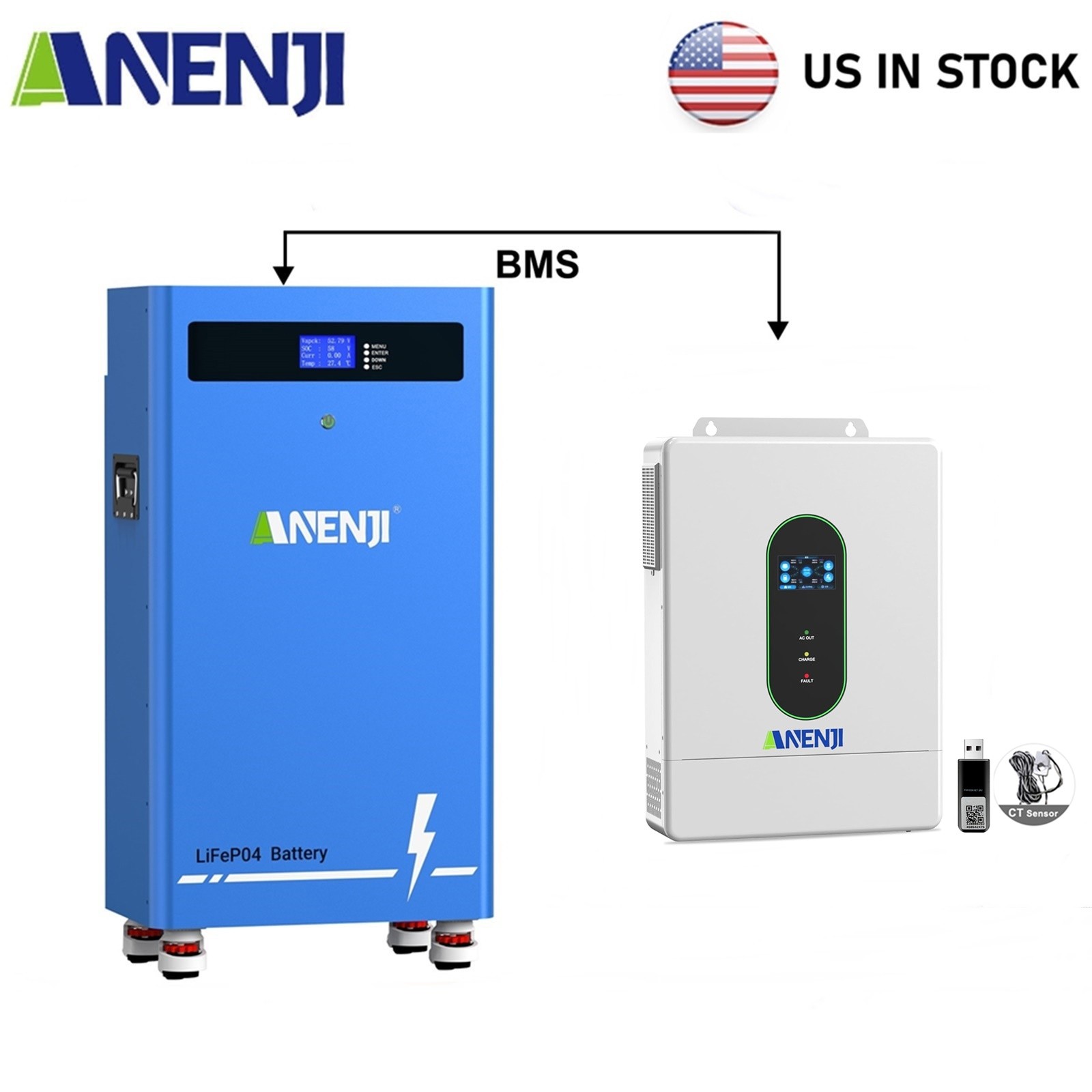 16KWh 314Ah 51.2V Lithium LiFePO4 Battery+12KW 120V/240Vac Solar Hybrid Inverter