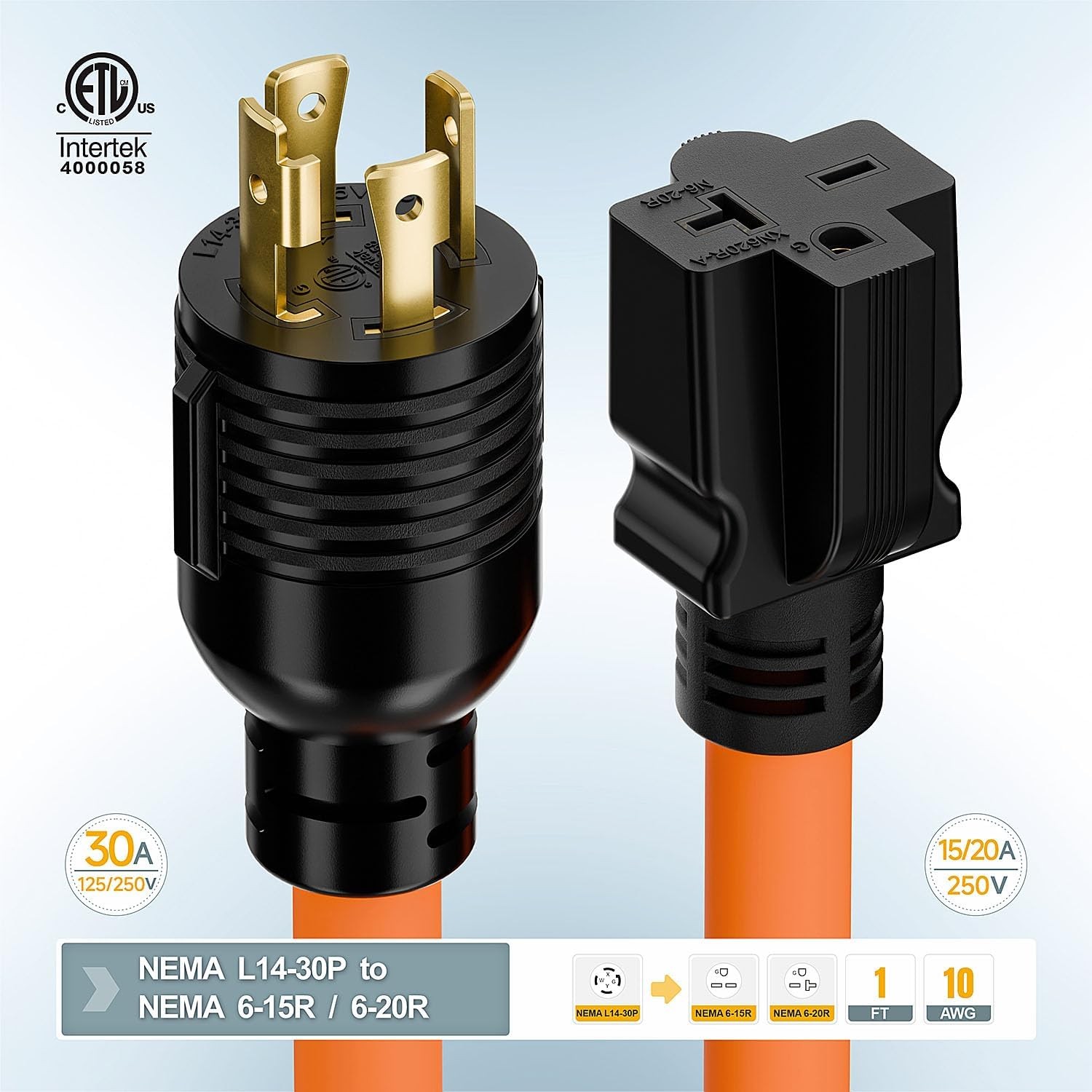 1FT Nema L14-30P 30Amp Locking Plug Male to 6-20R T-Blade Adapter, STW Black