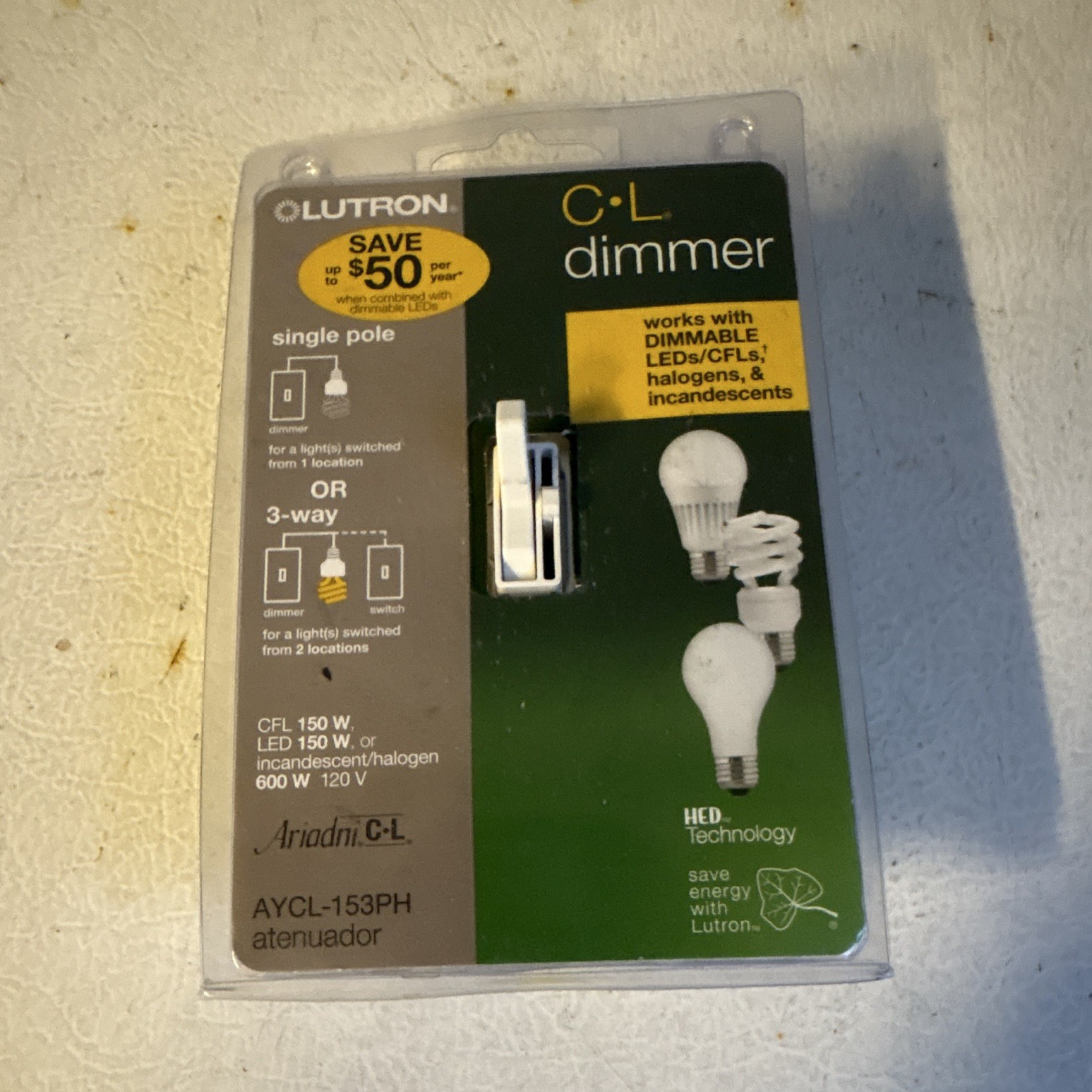 Lutron Ariadni C-L AYCL-153PH Slide Dimmer Switch Single Pole/3-Way White