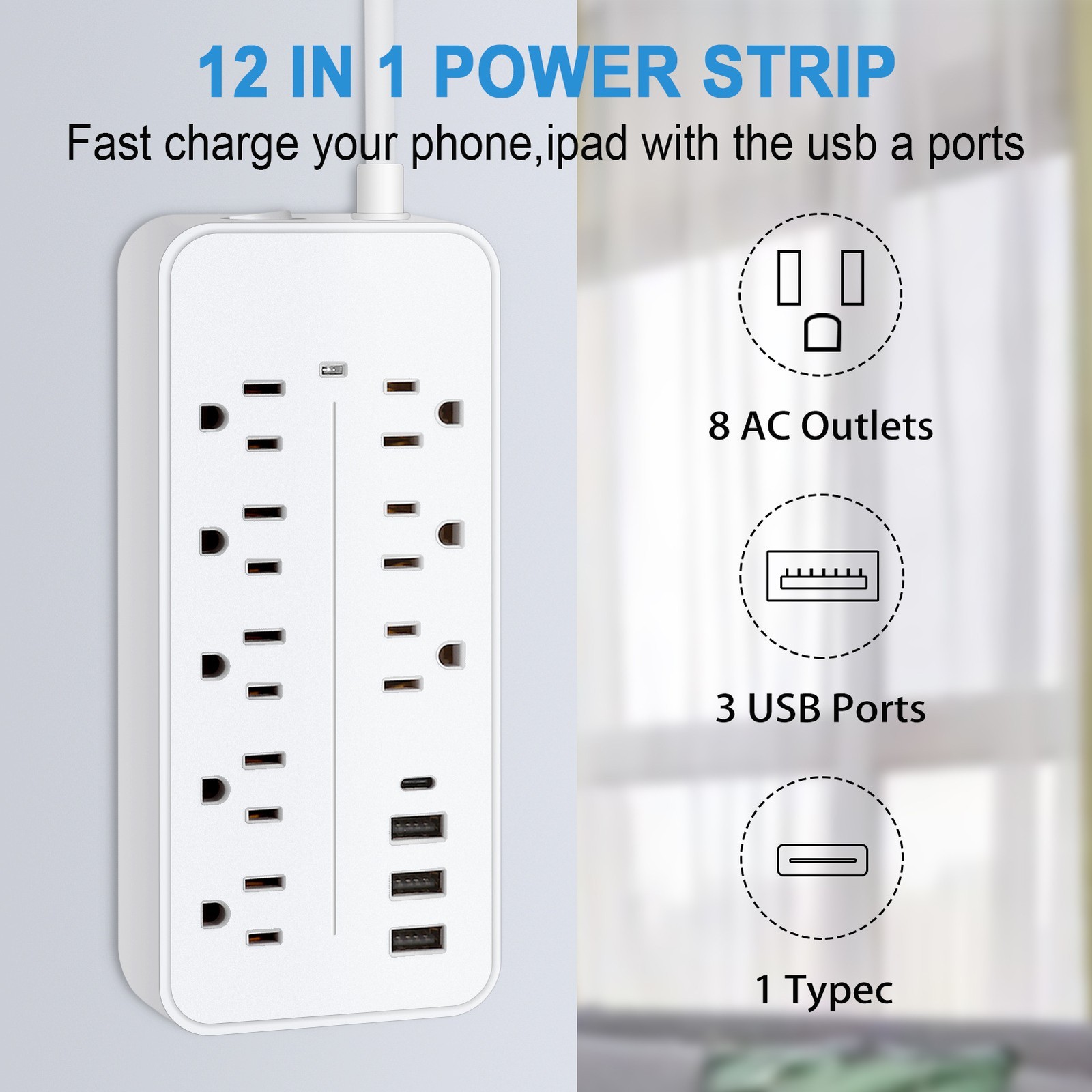 US Power Strip Surge Protector 8 AC Outlets 3 USB Ports + Type C Ports 150-120cm