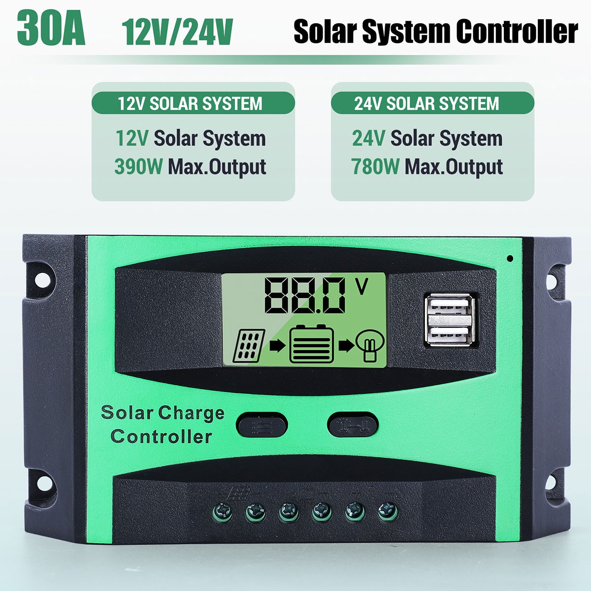 30A Solar Panel Battery Charge Controller 12V/24V LCD Regulator Auto Dual USB US