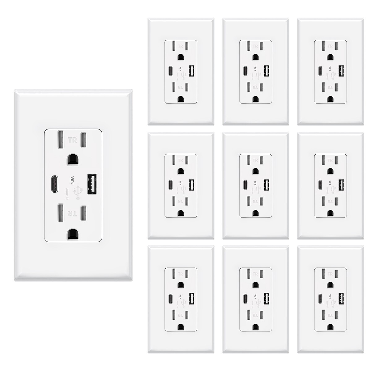 USB Type C Wall Outlet Duplex Receptacle 15A, Smart 4.8A Quick Charging, 10pack