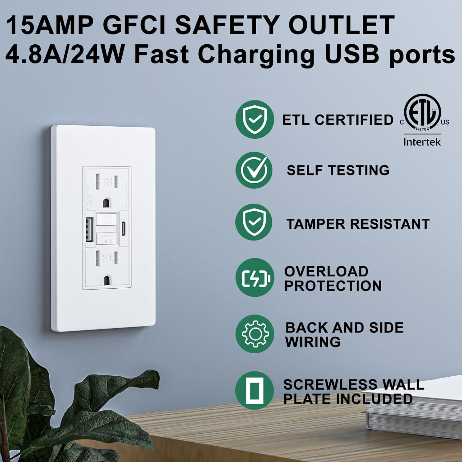 2PACK – 15AMP GFCI Outlet with USB-A & USB- C Ports, Self-Test GFCI Electrical O