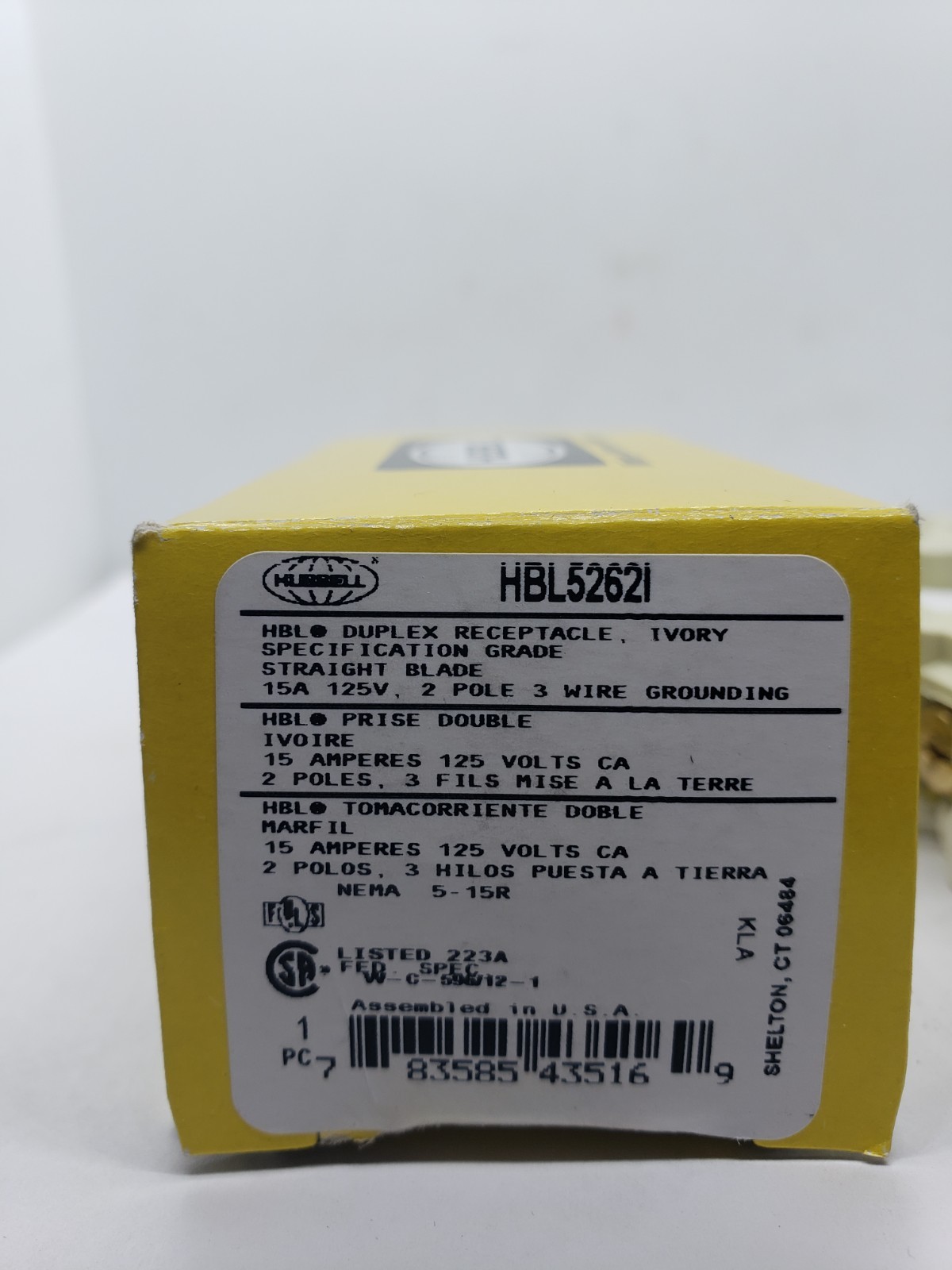 HUBBELL HBL5262I DUPLEX RECEPTACLE IVORY 15A 125V 2 POLE 3 WIRE NIB