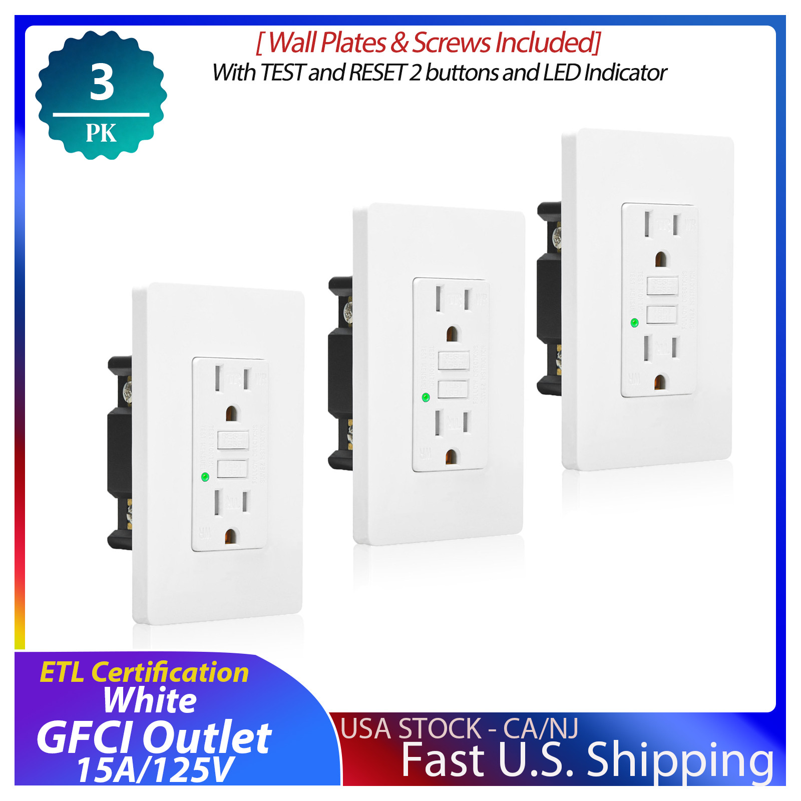 3x GREENCYCLE GFCI 15A With Outlet Tamper Resistant (TR)& Weather Resistant (WR)