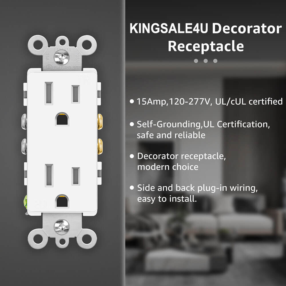 Decorator Wall Receptacle Outlet Self-grounding 15A 125V 3 Wire 5-15R UL 24Packs